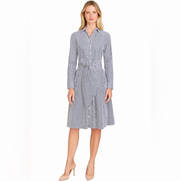 J. Crew Dresses & Skirts - J. Crew Tie-Waist Shirt-Dress with Navy/White Stripes in cotton poplin, Size 2